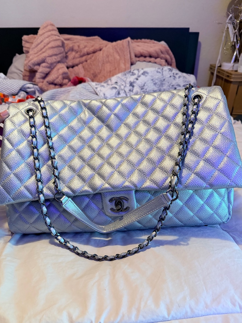 CHANEL Quilted Flap Shoulder Bag - Iridescent Silver Holographic